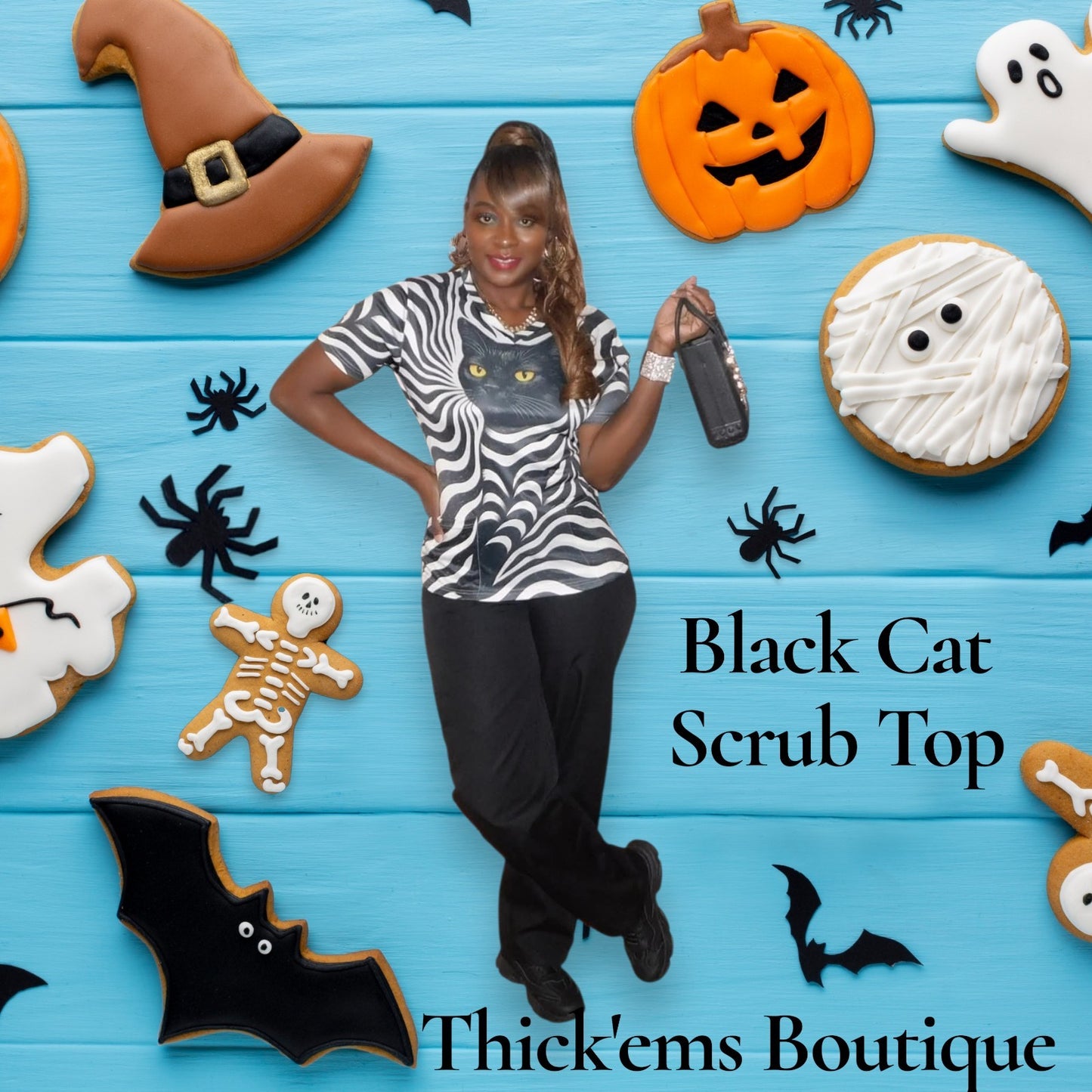 Black Cat Scrub Top