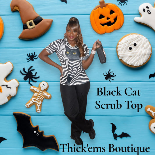 Black Cat Scrub Top