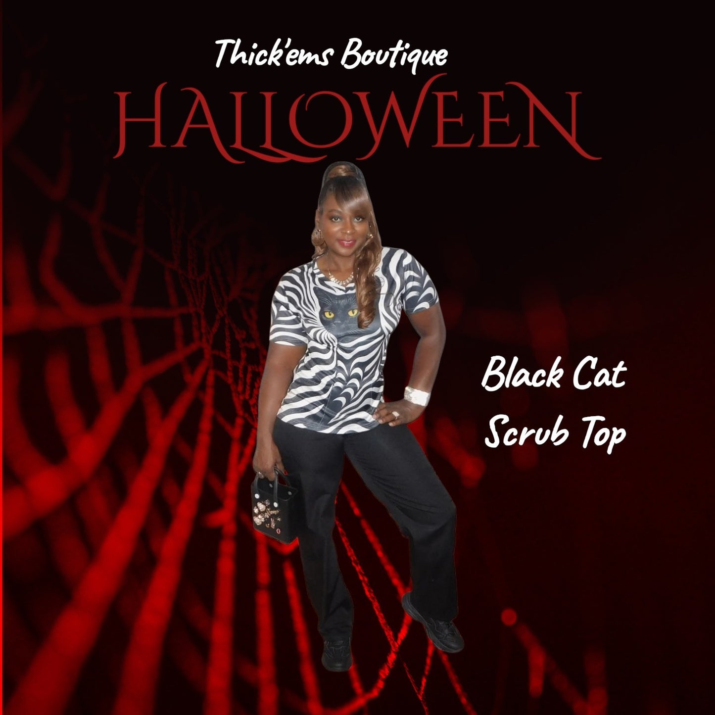 Black Cat Scrub Top